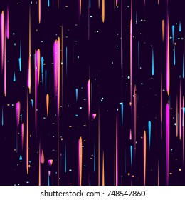 Speed Lines, Neon Light Particles, Stripes Seamless Pattern Design. Moving Fast Shooting Stars, Meteorites on Dark Space Background. Seamless Holiday, Fabric, Cover, Ad, Fashion Pattern