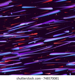Speed Lines, Neon Light Particles, Stripes Print Design. Seamless Pattern with Moving Fast Shooting Stars, Meteorites on Dark Space Background. Fabric, Holiday, Packaging, Cover, Ad, Fashion Pattern