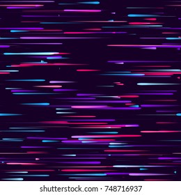 Speed Lines, Neon Light Particles, Stripes Seamless Pattern Design. Moving Fast Shooting Stars, Meteorites on Dark Space Background. Seamless Holiday, Fabric, Cover, Ad, Fashion Pattern