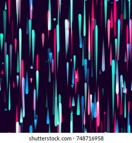 Speed Lines, Neon Light Particles, Stripes Seamless Pattern Design. Moving Fast Shooting Stars, Meteorites on Dark Space Background. Seamless Holiday, Fabric, Cover, Ad, Fashion Pattern