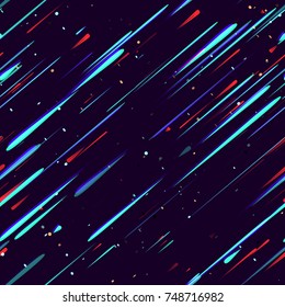 Speed Lines, Neon Light Particles, Stripes Seamless Pattern Design. Moving Fast Shooting Stars, Meteorites on Dark Space Background. Seamless Holiday, Fabric, Cover, Ad, Fashion Pattern