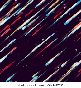 Speed Lines, Neon Light Particles, Stripes Print Design. Seamless Pattern with Moving Fast Shooting Stars, Meteorites on Dark Space Background. Fabric, Holiday, Packaging, Cover, Ad, Fashion Pattern