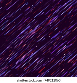 Speed Lines, Neon Light Particles, Stripes Print Design. Seamless Pattern with Moving Fast Shooting Stars, Meteorites on Dark Space Background. Fabric, Holiday, Packaging, Cover, Ad, Fashion Pattern
