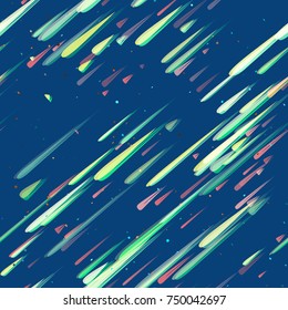 Speed Lines, Neon Light Particles, Stripes Print Design. Seamless Pattern with Moving Fast Shooting Stars, Meteorites on Dark Space Background. Fabric, Holiday, Packaging, Cover, Ad, Fashion Pattern
