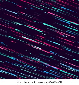 Speed Lines, Neon Light Particles, Stripes Seamless Pattern Design. Moving Fast Shooting Stars, Meteorites On Dark Space Background. Seamless Holiday, Fabric, Cover, Ad, Fashion Pattern