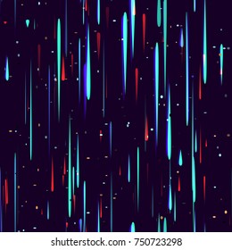 Speed Lines, Neon Light Particles, Stripes Seamless Pattern Design. Moving Fast Shooting Stars, Meteorites on Dark Space Background. Seamless Holiday, Fabric, Cover, Ad, Fashion Pattern