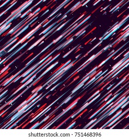 Speed Lines, Neon Light Particles, Stripes Print Design. Seamless Pattern with Moving Fast Shooting Stars, Meteorites on Dark Space Background. Fabric, Holiday, Packaging, Cover, Ad, Fashion Pattern