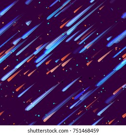Speed Lines, Neon Light Particles, Stripes Print Design. Seamless Pattern With Moving Fast Shooting Stars, Meteorites On Dark Space Background. Fabric, Holiday, Packaging, Cover, Ad, Fashion Pattern