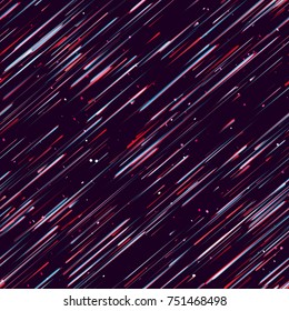 Speed Lines, Neon Light Particles, Stripes Print Design. Seamless Pattern with Moving Fast Shooting Stars, Meteorites on Dark Space Background. Fabric, Holiday, Packaging, Cover, Ad, Fashion Pattern
