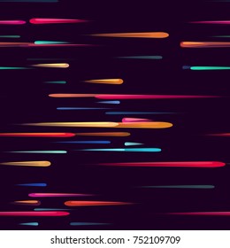 Speed Lines, Neon Light Particles, Stripes Print Design. Seamless Pattern with Moving Fast Shooting Stars, Meteorites on Dark Space Background. Fabric, Packaging, Cover, Ad, Fashion Pattern