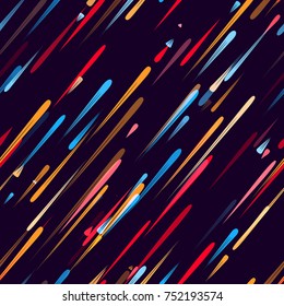 Speed Lines, Neon Light Particles, Stripes Seamless Pattern Design. Moving Fast Shooting Stars, Meteorites on Dark Space Background. Seamless Holiday, Fabric, Cover, Ad, Fashion Pattern