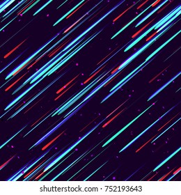 Speed Lines, Neon Light Particles, Stripes Seamless Pattern Design. Moving Fast Shooting Stars, Meteorites on Dark Space Background. Seamless Holiday, Fabric, Cover, Ad, Fashion Pattern