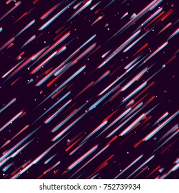 Speed Lines, Neon Light Particles, Stripes Print Design. Seamless Pattern with Moving Fast Shooting Stars, Meteorites on Dark Space Background. Fabric, Holiday, Packaging, Cover, Ad, Fashion Pattern
