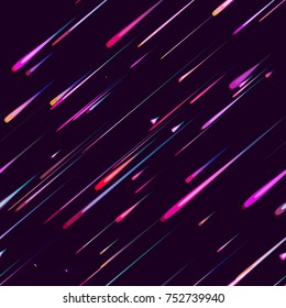 Speed Lines, Neon Light Particles, Stripes Print Design. Seamless Pattern with Moving Fast Shooting Stars, Meteorites on Dark Space Background. Fabric, Holiday, Packaging, Cover, Ad, Fashion Pattern