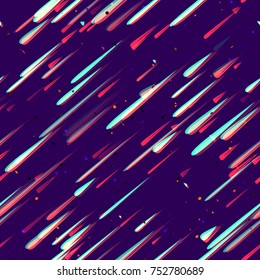 Speed Lines, Neon Light Particles, Stripes Seamless Pattern Design. Moving Fast Shooting Stars, Meteorites on Dark Space Background. Seamless Holiday, Fabric, Cover, Ad, Fashion Pattern
