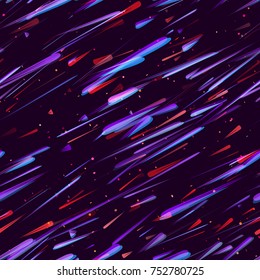 Speed Lines, Neon Light Particles, Stripes Print Design. Seamless Pattern with Moving Fast Shooting Stars, Meteorites on Dark Space Background. Fabric, Holiday, Packaging, Cover, Ad, Fashion Pattern
