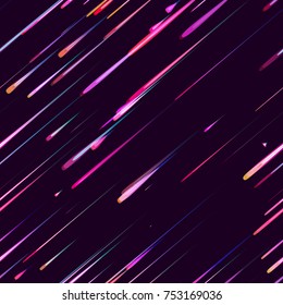 Speed Lines, Neon Light Particles, Stripes Print Design. Seamless Pattern with Moving Fast Shooting Stars, Meteorites on Dark Space Background. Fabric, Holiday, Packaging, Cover, Ad, Fashion Pattern