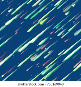 Speed Lines, Neon Light Particles, Stripes Print Design. Seamless Pattern with Moving Fast Shooting Stars, Meteorites on Dark Space Background. Fabric, Holiday, Packaging, Cover, Ad, Fashion Pattern
