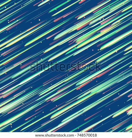 Speed Lines, Neon Light Particles, Stripes Print Design. Seamless Pattern with Moving Fast Shooting Stars, Meteorites on Dark Space Background. Fabric, Holiday, Packaging, Cover, Ad, Fashion Pattern