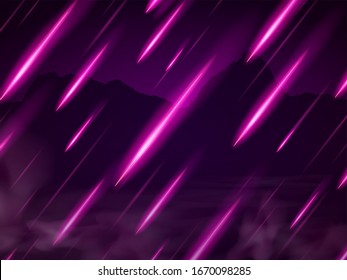 Speed Lines, Neon Light Rain. Moving Fast Shooting Stars, Meteorites on Dark Mountain Background