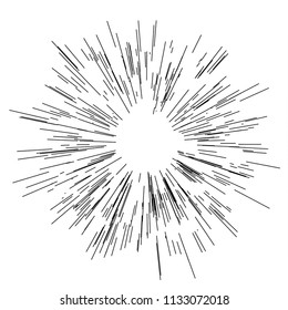 Speed lines. Radiating from the center of thin beams, lines. Vector illustration. Icon black on white. Design element. Dynamic style. Abstract explosion, motion lines from the middle, radiating sharp
