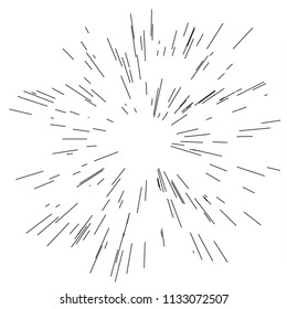 Speed lines. Radiating from the center of thin beams, lines. Vector illustration. Icon black on white. Design element. Dynamic style. Abstract explosion, motion lines from the middle, radiating sharp