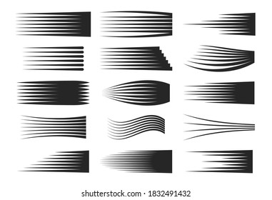 Speed lines set. Isolated flat abstract black sharp wavy speed line element icons. Various simple fast motion symbol collection. Trendy print design vector illustration