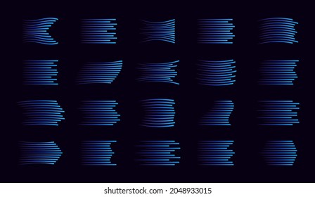 Speed lines set. Motion effect, blue lines on black background. Motion effect for your design.