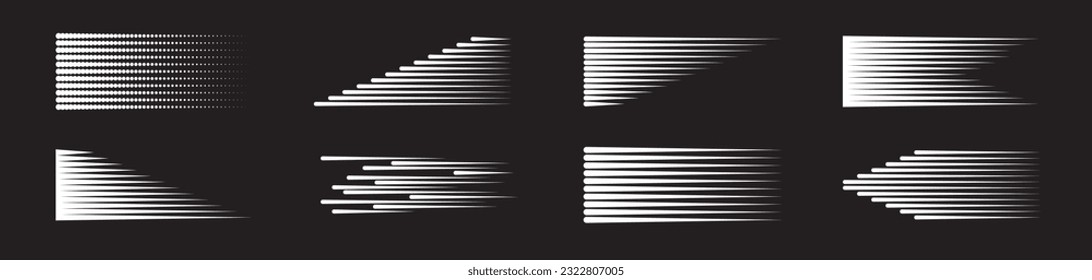 Speed lines set. Motion effect, white lines on black background