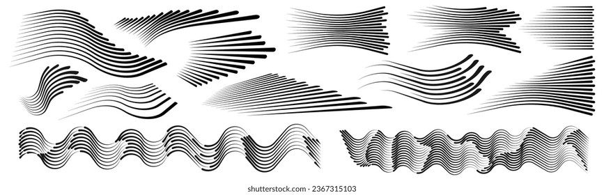 Líneas de velocidad en un conjunto, de varias formas en forma de giro, zigzag, reversión, perforación, arco y espiral en negro sobre un fondo transparente	