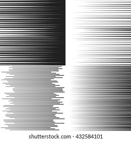 Speed lines. Set of vector illustrations. Linear pattern of varying intensity. Black elements for comics design. Horizontal lines of varying thickness. Motion rays.