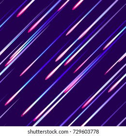 Speed Lines, Stripes Seamless Pattern Design. Moving Fast Neon Light Particles, Shooting Stars, Meteorites on Dark Space Background. Seamless Holiday, Cover, Ad, Fashion Pattern