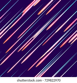 Speed Lines, Stripes Seamless Pattern Design. Moving Fast Neon Light Particles, Shooting Stars, Meteorites on Dark Space Background. Seamless Holiday, Cover, Ad, Fashion Pattern