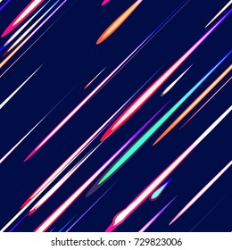 Speed Lines, Stripes Seamless Pattern Design. Moving Fast Neon Light Particles, Shooting Stars, Meteorites on Dark Space Background. Seamless Holiday, Cover, Ad, Fashion Pattern
