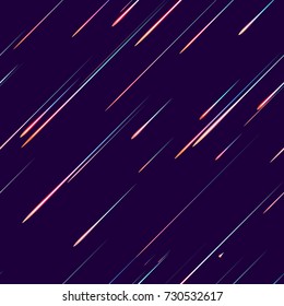 Speed Lines, Stripes Seamless Pattern Design. Moving Fast Neon Light Particles, Shooting Stars, Meteorites on Dark Space Background. Seamless Holiday, Cover, Ad, Fashion Pattern