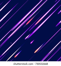 Speed Lines, Stripes Seamless Pattern Design. Moving Fast Neon Light Particles, Shooting Stars, Meteorites on Dark Space Background. Seamless Holiday, Cover, Ad, Fashion Pattern