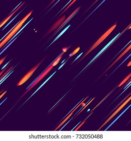 Speed Lines, Stripes Seamless Pattern Design. Seamless Fashion, Holiday, Cover, Ad, Pattern. Moving Fast Neon Light Particles, Shooting Stars, Meteorites Flying on Dark Space Background