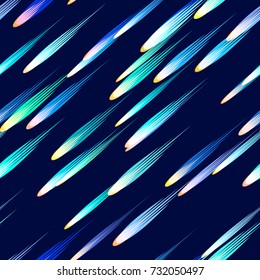 Speed Lines, Stripes Seamless Pattern Design. Moving Fast Neon Light Particles, Shooting Stars, Meteorites on Dark Space Background. Seamless Holiday, Cover, Ad, Fashion Pattern