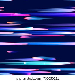 Speed Lines, Stripes Seamless Pattern Design. Seamless Fashion, Holiday, Cover, Ad, Pattern. Moving Fast Neon Light Particles, Shooting Stars, Meteorites Flying on Dark Space Background