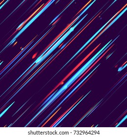 Speed Lines, Stripes Seamless Pattern Design. Seamless Fashion, Holiday, Cover, Ad, Pattern. Moving Fast Neon Light Particles, Shooting Stars, Meteorites Flying on Dark Space Background