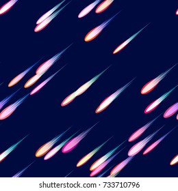 Speed Lines, Stripes Seamless Pattern Design. Seamless Fashion, Holiday, Cover, Ad, Pattern. Moving Fast Neon Light Particles, Shooting Stars, Meteorites Flying on Dark Space Background