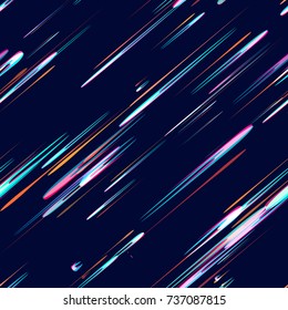 Speed Lines, Stripes Seamless Pattern Design. Seamless Fashion, Holiday, Cover, Ad Design. Moving Fast Neon Light Particles, Shooting Stars, Meteorites Flying on Dark Space Background