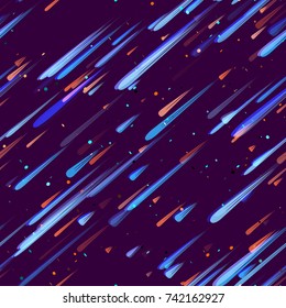 Speed Lines, Stripes Seamless Pattern Design. Moving Fast Neon Light Particles, Shooting Stars, Meteorites on Space Background. Seamless Holiday, Cover, Ad, Fashion Pattern