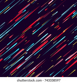 Speed Lines, Stripes Seamless Pattern Design. Moving Fast Neon Light Particles, Shooting Stars, Meteorites on Space Background. Seamless Holiday, Cover, Ad, Fashion Pattern