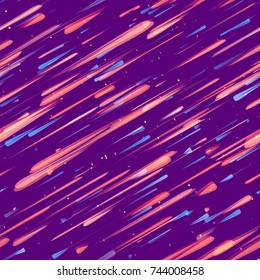 Speed Lines, Stripes Seamless Pattern Design. Moving Fast Neon Light Particles, Shooting Stars, Meteorites on Space Background. Seamless Holiday, Cover, Ad, Fashion Pattern