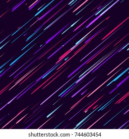 Speed Lines, Stripes Seamless Pattern Design. Moving Fast Neon Light Particles, Shooting Stars, Meteorites on Space Background. Seamless Holiday, Cover, Ad, Fashion Pattern
