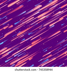 Speed Lines, Stripes Seamless Pattern Design. Moving Fast Neon Light Particles, Shooting Stars, Meteorites on Space Background. Seamless Holiday, Cover, Ad, Fashion Pattern