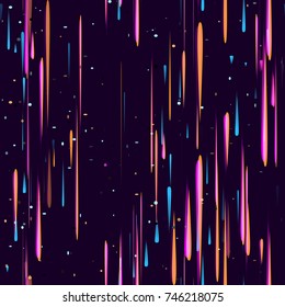 Speed Lines, Stripes Seamless Pattern Design. Moving Fast Neon Light Particles, Shooting Stars, Meteorites on Space Background. Seamless Holiday, Cover, Ad, Fashion Pattern