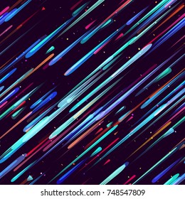 Speed Lines, Stripes Seamless Pattern Design. Moving Fast Neon Light Particles, Shooting Stars, Meteorites on Space Background. Seamless Holiday, Cover, Ad, Fashion Pattern