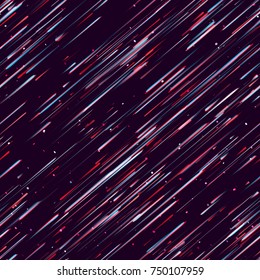 Speed Lines, Stripes Seamless Pattern Design. Moving Fast Neon Light Particles, Shooting Stars, Meteorites on Space Background. Seamless Holiday, Cover, Ad, Fashion Pattern